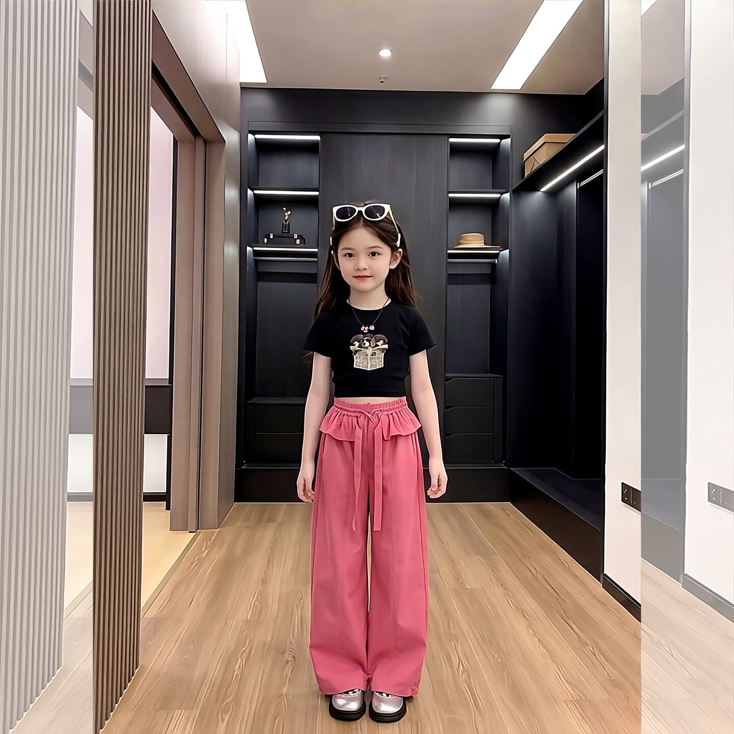 女童夏季洋气小狗印花上衣阔腿裤两件套2026新款洋气时尚休闲夏装