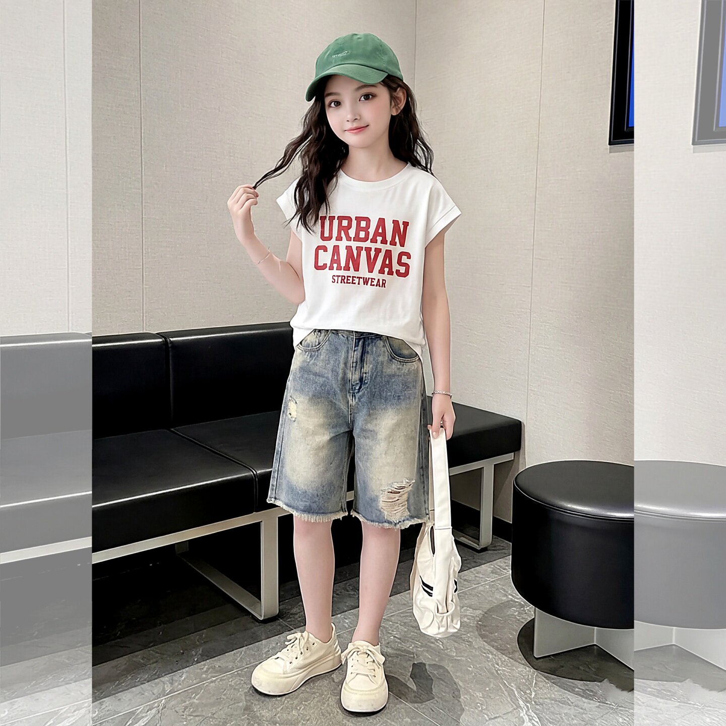 女童夏季街头休闲风短袖T恤牛仔1