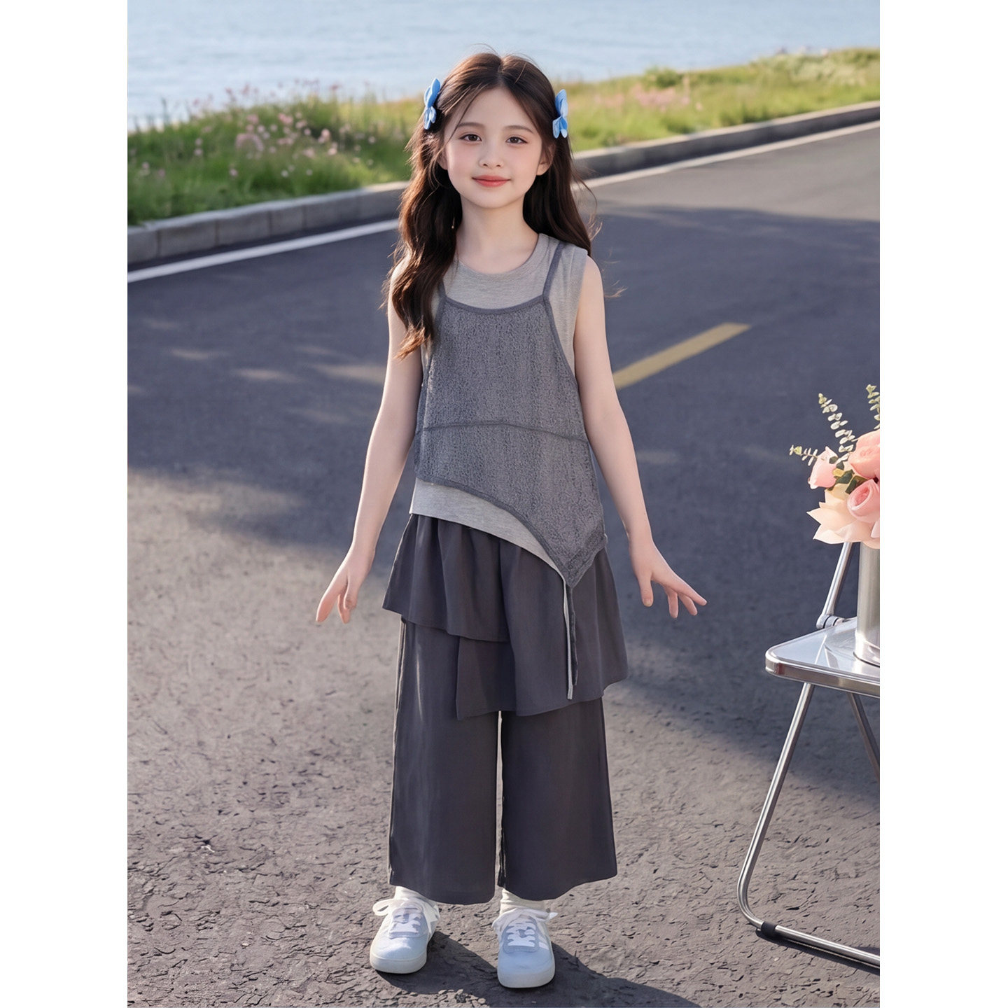 女童夏季套装2026新款女孩蕾丝