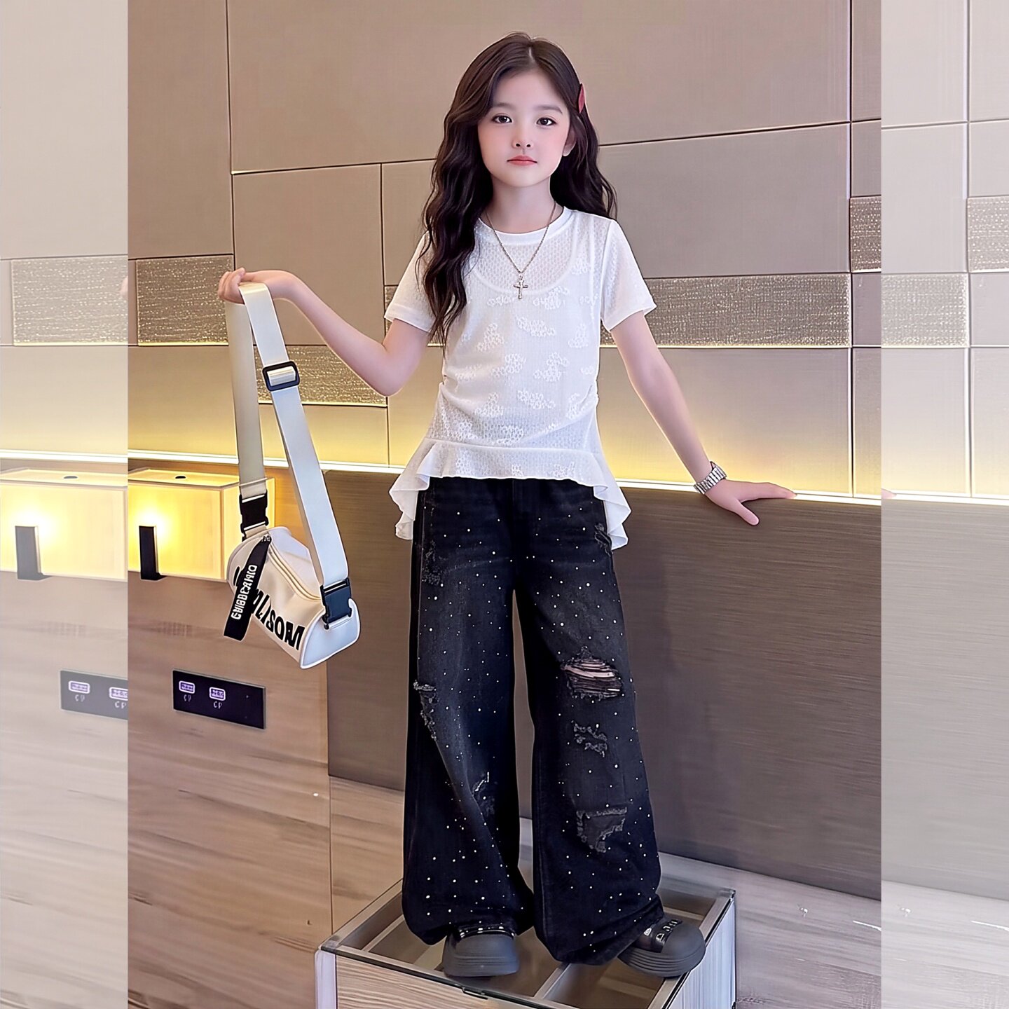 女童白色荷叶边蕾丝短袖2026新款