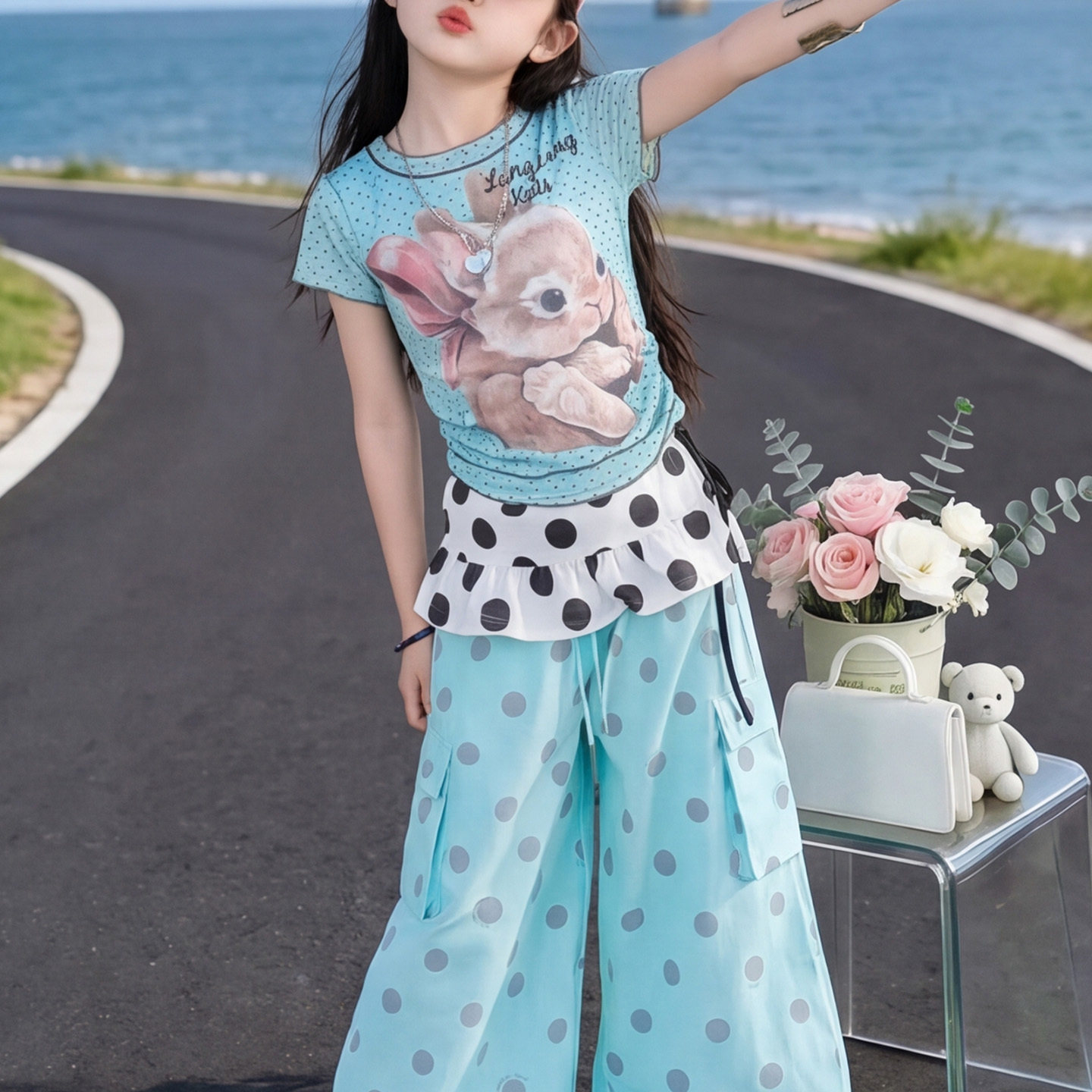 女童夏装套装2026新款女孩夏季多巴胺辣妹风波点短袖阔腿裤两件套