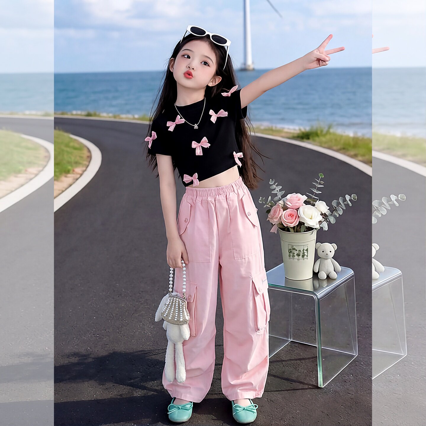 女童蝴蝶结短袖T恤夏季薄款裤子小女孩洋气辣妹工装裤爵士舞套装8