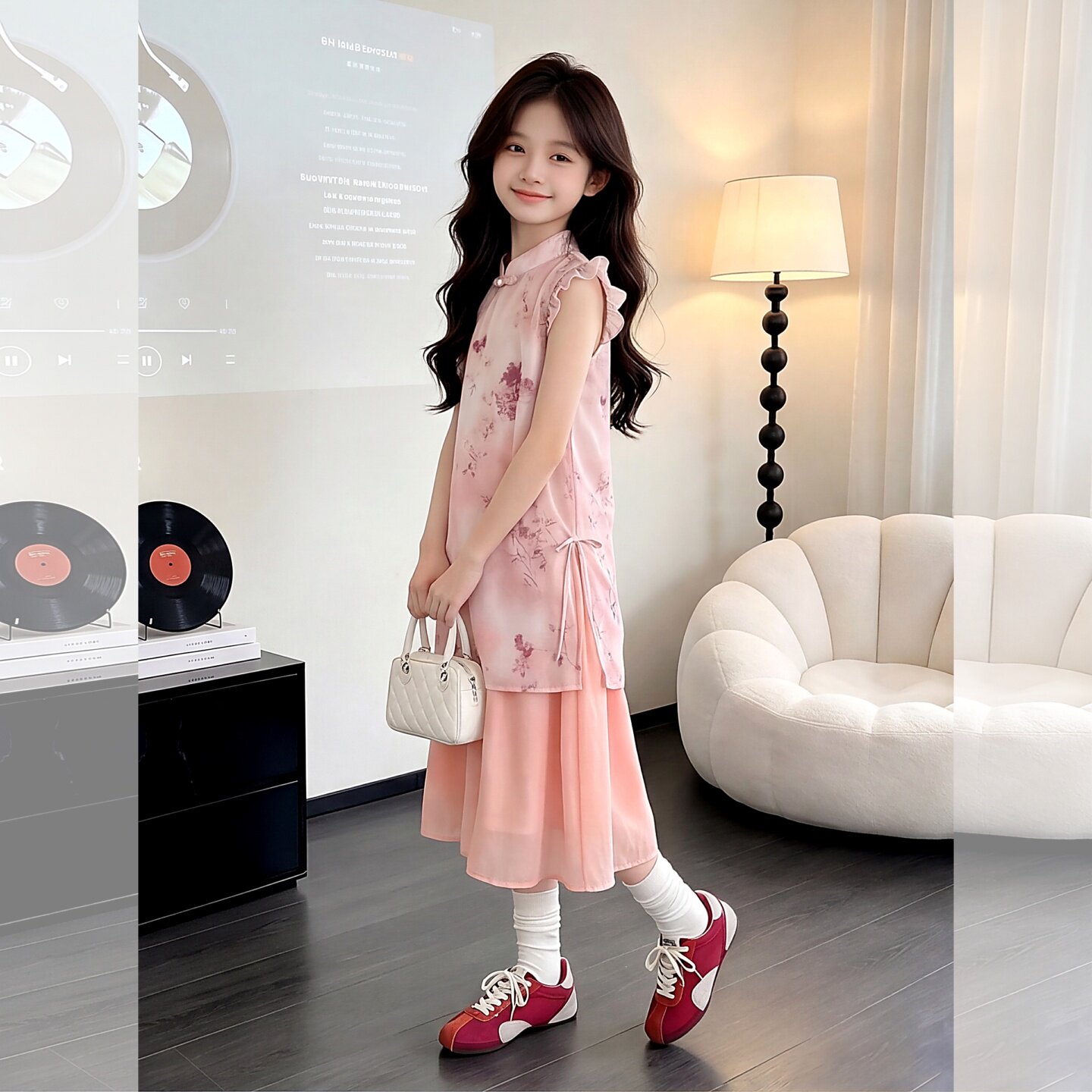 新中式风女童连衣裙2026夏季新款甜美粉色花卉印花立领盘扣中长裙