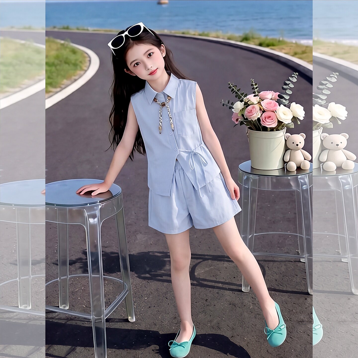 女童夏装冰丝无袖衬衫套装2026新