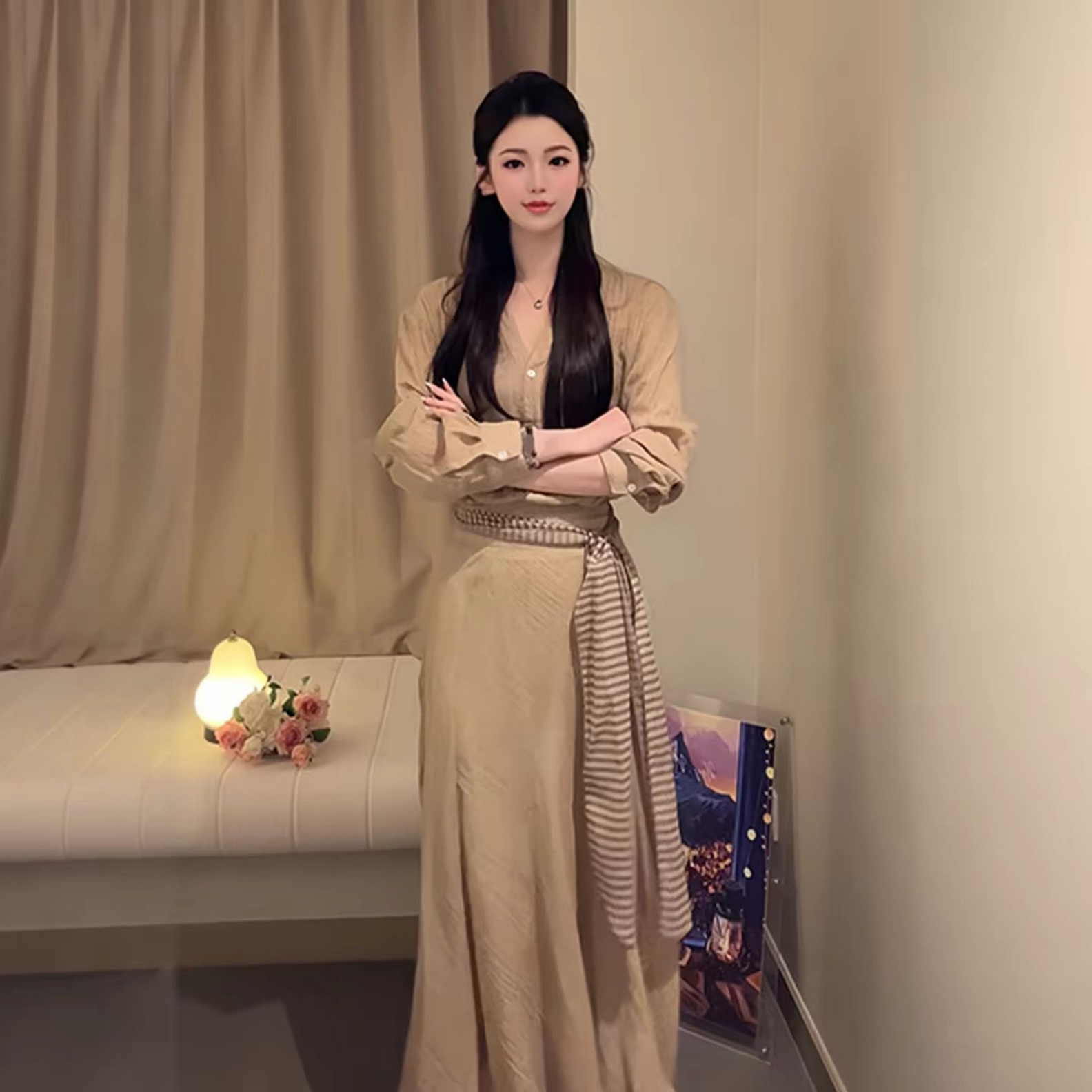 【专柜大清仓】珩绣复古V领衬衫上衣女高腰半身裙百搭群LZ-26035