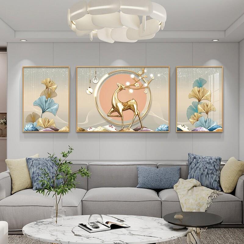 轻奢客厅装饰画沙发背景墙三联画现代简约饭厅壁画麋鹿高级感挂画