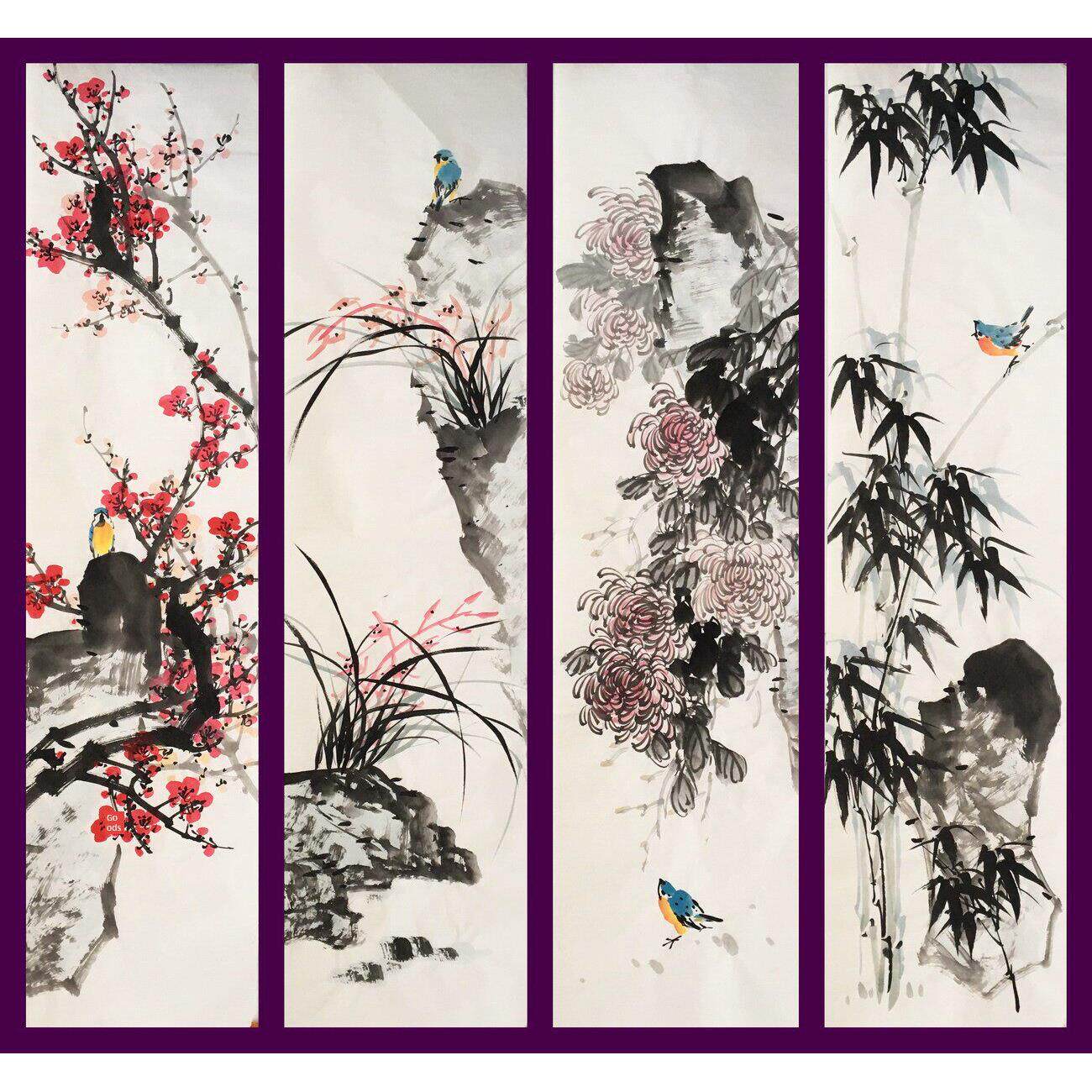国画梅兰竹菊四条屏套画手绘花鸟画客厅装饰挂画字画特价E116