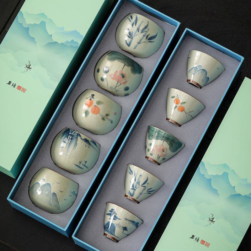 哥窑手绘茶杯套装可爱一整