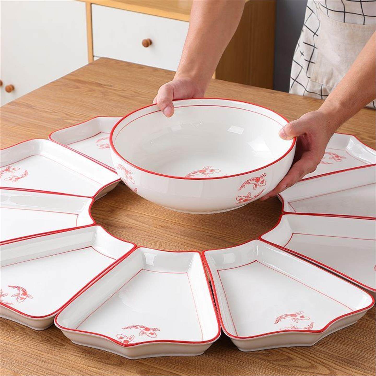 盘家用拼接餐具喜庆扇形碗盘新品组合拼盘陶瓷餐具套装盘子圆形