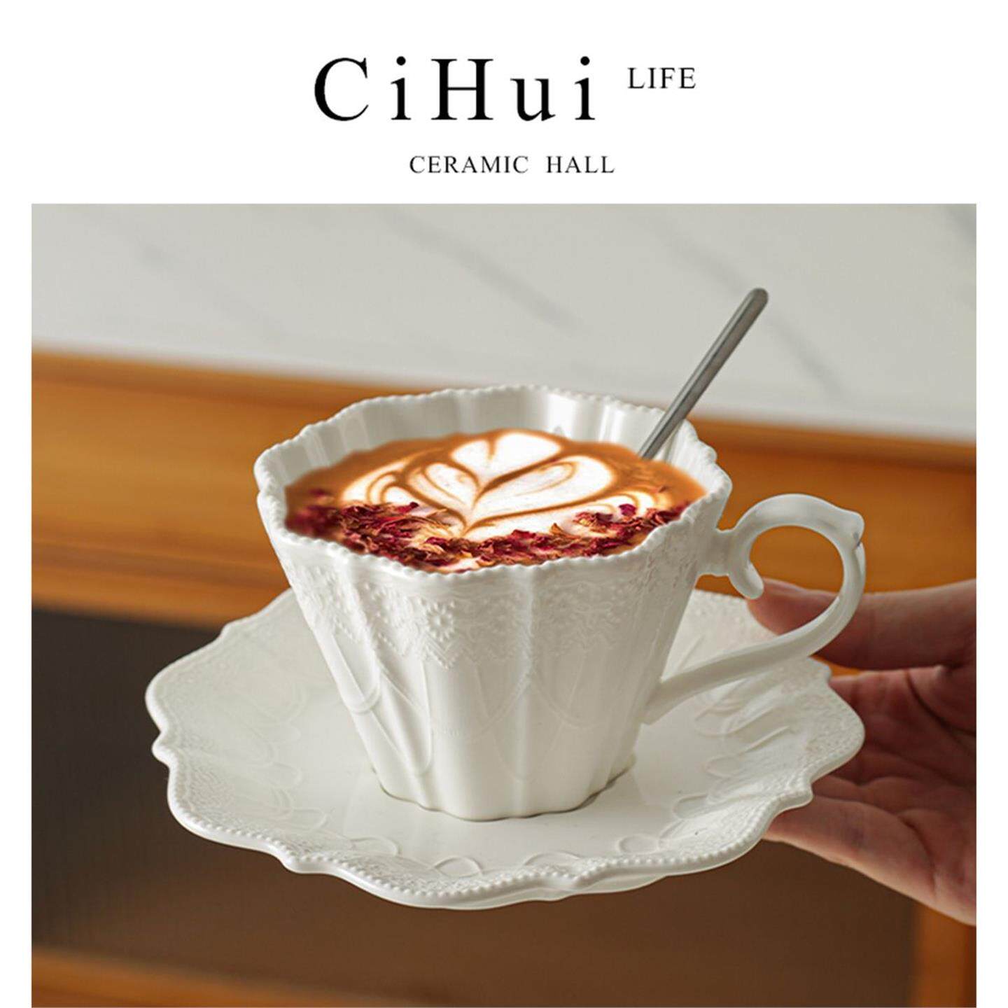 感轻奢浮雕高颜值新款新款茶杯纯白高级下午勺家用陶瓷碟咖啡杯