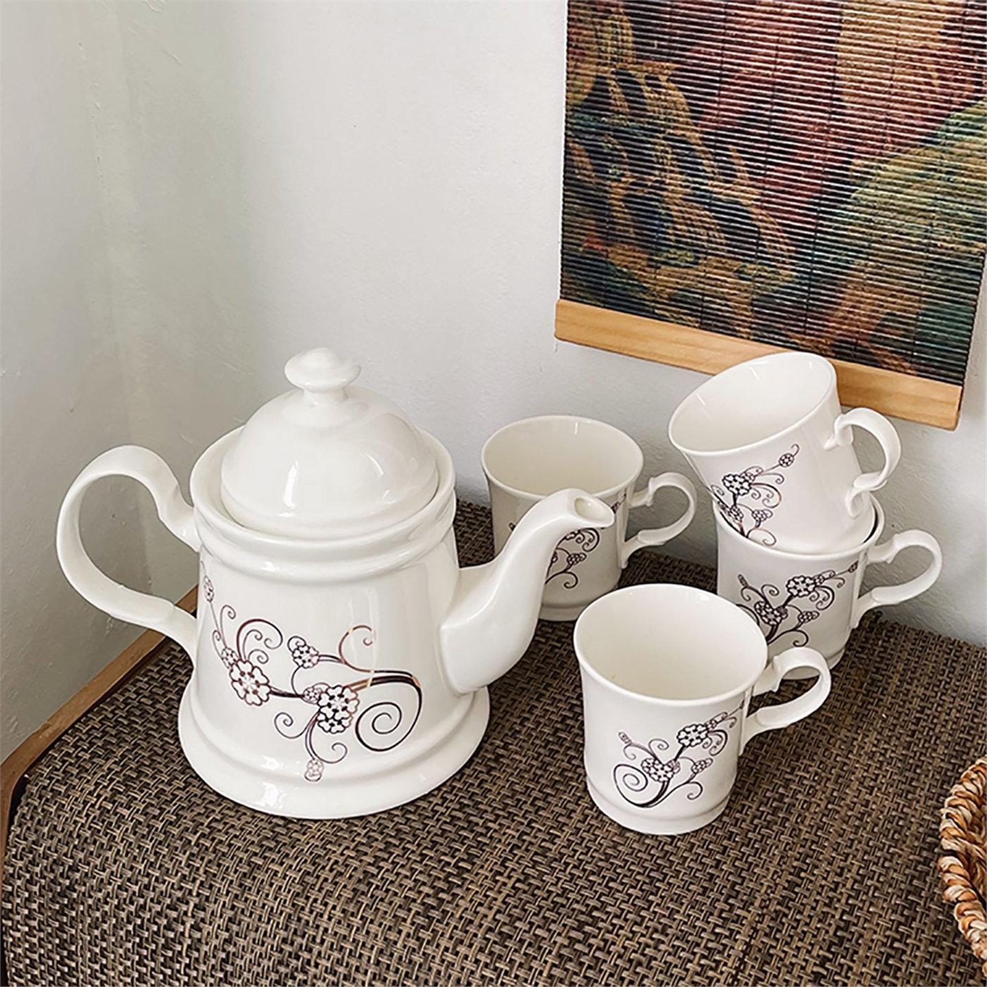 带茶杯一壶家用茶壶带盖陶瓷冷茶具欧式把手四杯复古套装水杯水壶