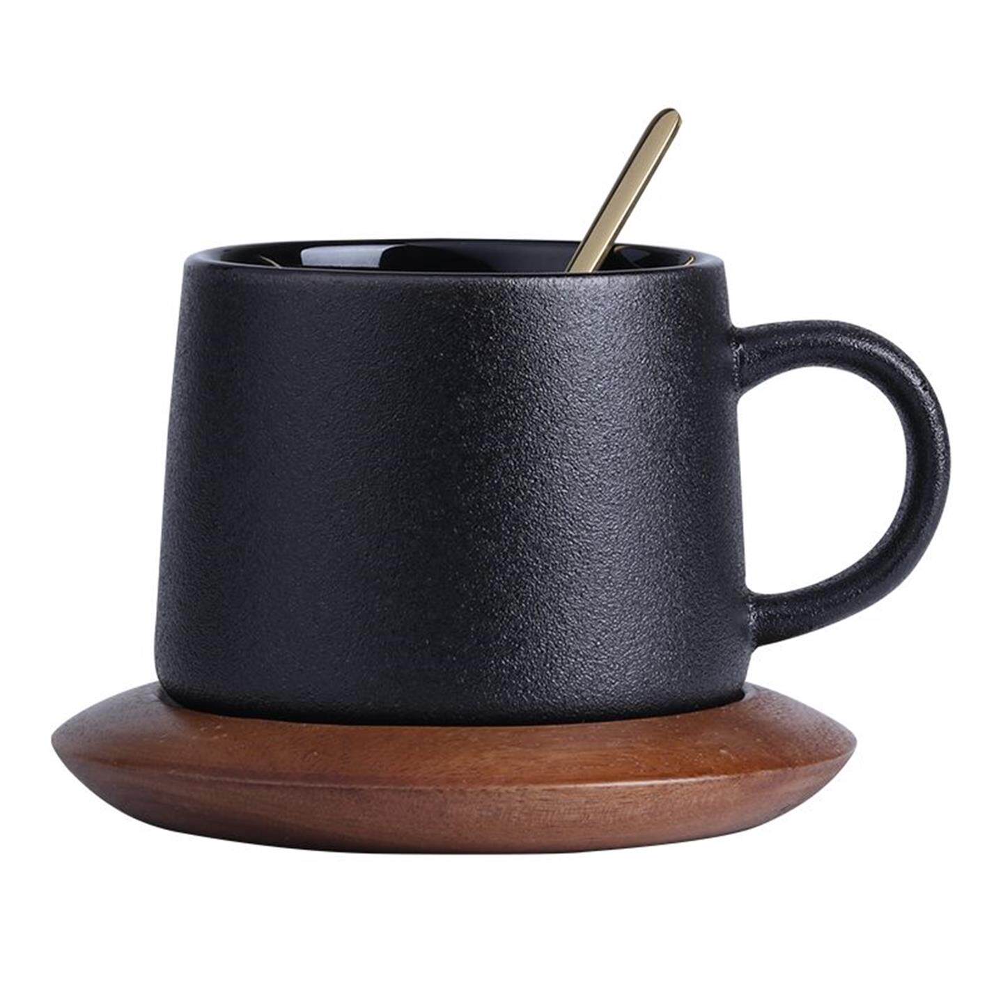 马克杯陶瓷杯创意水杯简约勺咖啡杯欧式配咖啡厅带盖黑色底座磨砂