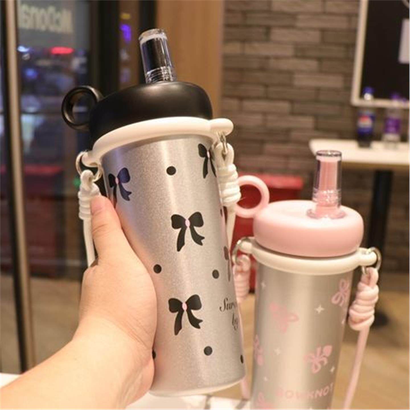 吸管保温杯背带大容量茶杯子学生颜值隔杯子便携水杯带女高可爱