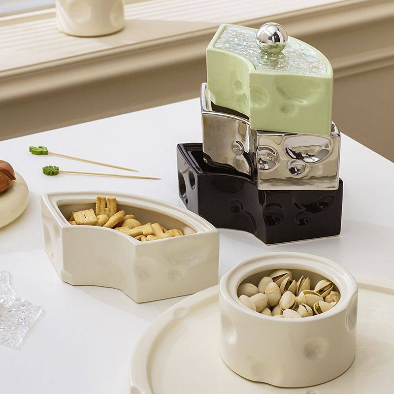 陶瓷干果盘分格带盖下午茶点心盘坚果瓜子零食水果盘糖果盒小吃碟