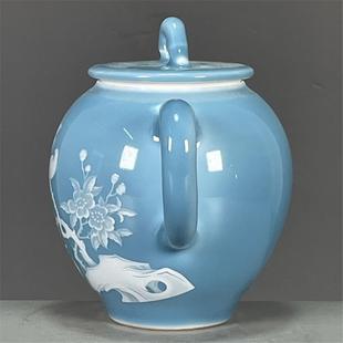 天蓝瓷器花鸟图纹釉堆白文玩王步杂项壶