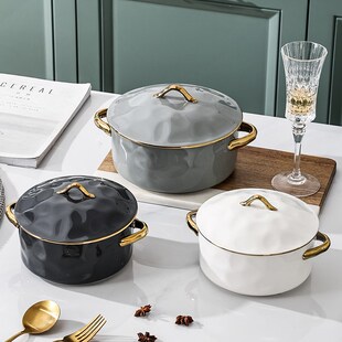 滋本家北欧双耳汤碗大号带盖陶瓷泡面碗家用创意个性汤盆网红餐具