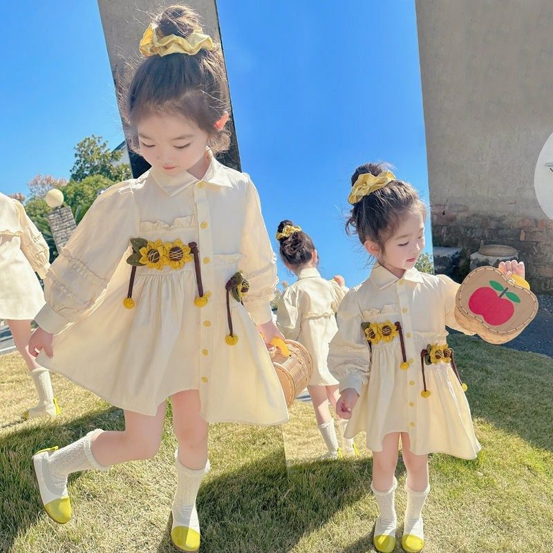 女童长袖连衣裙2024春秋款儿童洋气棉布衬衫裙女宝宝向日葵公主裙