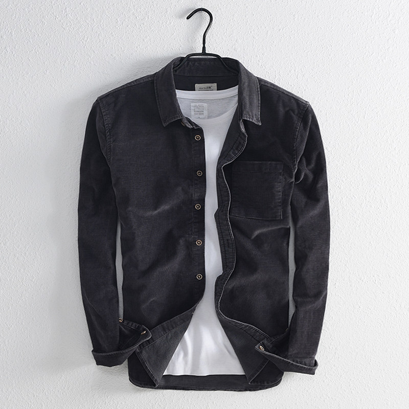 冬季复古休闲灯芯绒衬衫男士修身厚款长袖上衣青年秋装衬衣外套男