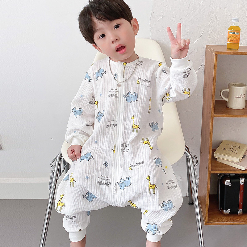 儿童纯棉连体睡衣纱布男童长袖家居服春秋薄款女宝宝防踢睡袍分腿