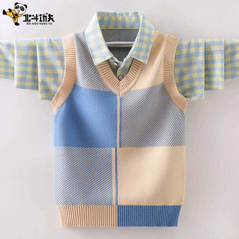 2022新款男童毛衣纯棉秋冬款儿童针织衫拼色中大童男孩假两件洋气