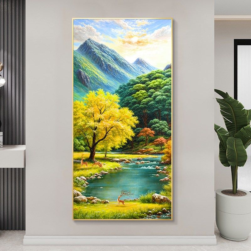 大芬村油画玄关装饰画流水生财山水风景手绘挂画走廊过道壁画竖版