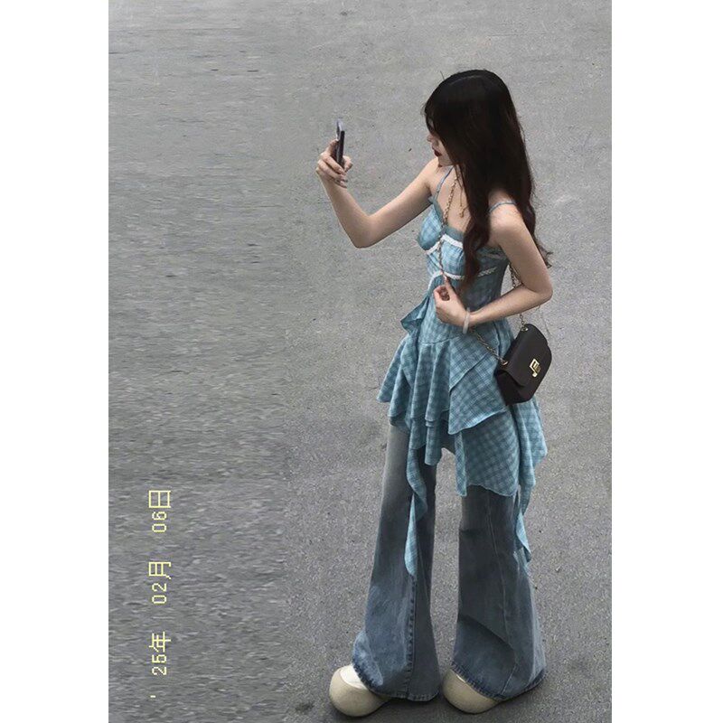 蓝色微喇叭牛仔裤女春秋2025新款小个子夏季薄款高腰直筒阔腿宽松