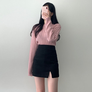 黑色高腰显瘦包裙女包臀裙半身裙春秋修身 开叉一步裙短裙裹裙短款
