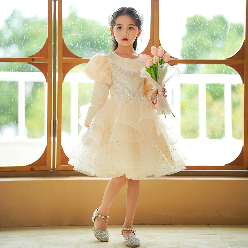 女童礼服轻奢小众钢琴演出服女孩主持人儿童公主裙花童秋冬婚礼服