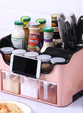 厨房多功能调味盒塑料调料盒罐收纳盒套装刀架家用置物架免钉壁挂