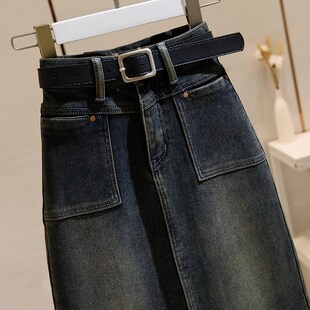 捡漏高腰牛仔半身裙女中长款秋冬新款宽松显瘦开叉a字包臀裙长裙