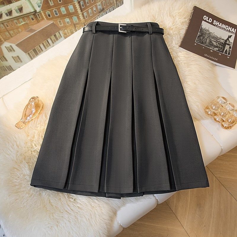 百褶西装半身裙女2024秋季新款高腰a字中长裙显瘦小个子百搭中裙