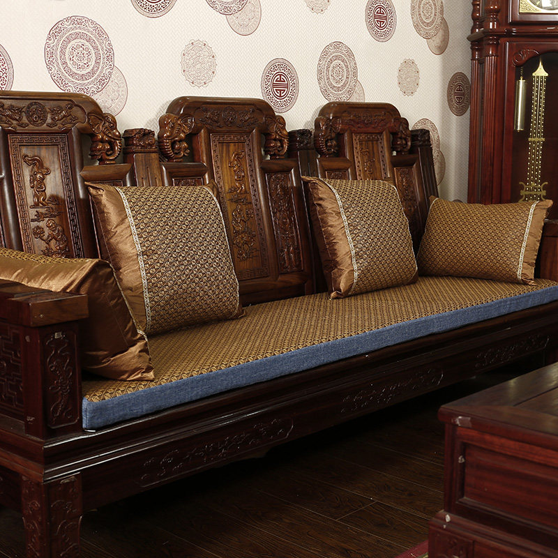 红实木沙发坐垫夏季冰藤草凉席垫中式冬夏天两用加厚海绵三人连体