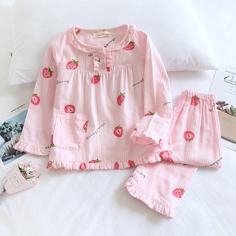 米筱米甜美儿童春秋薄款纯棉纱布空调服长袖睡衣套头式女童家居服