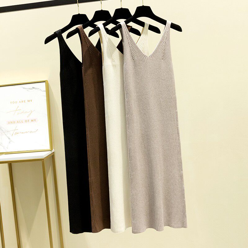 2021秋冬新款中长款针织吊带连衣裙女孕妇V领套头无袖过膝打底裙