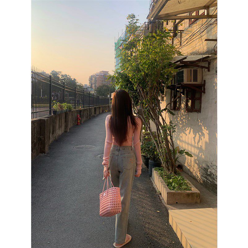 ke7en可人【逆天大长腿】粉色牛仔裤女款修身显瘦休闲高腰直筒裤