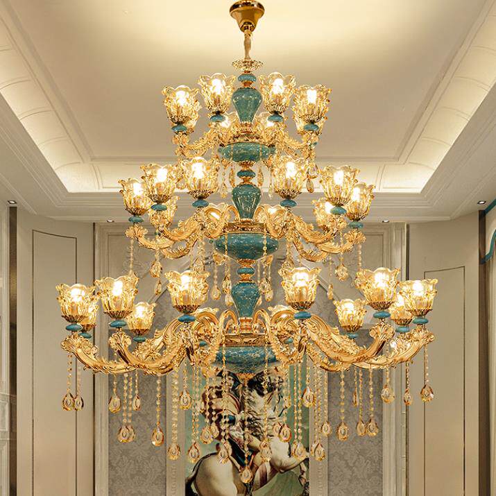 复式楼别墅大吊灯客厅水晶陶瓷楼中楼挑空楼梯长吊灯欧式法式跃层