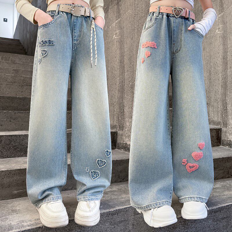 春装女童裤子春秋2025新款女孩网红绣花窄版直筒裤儿童牛仔裤夏款