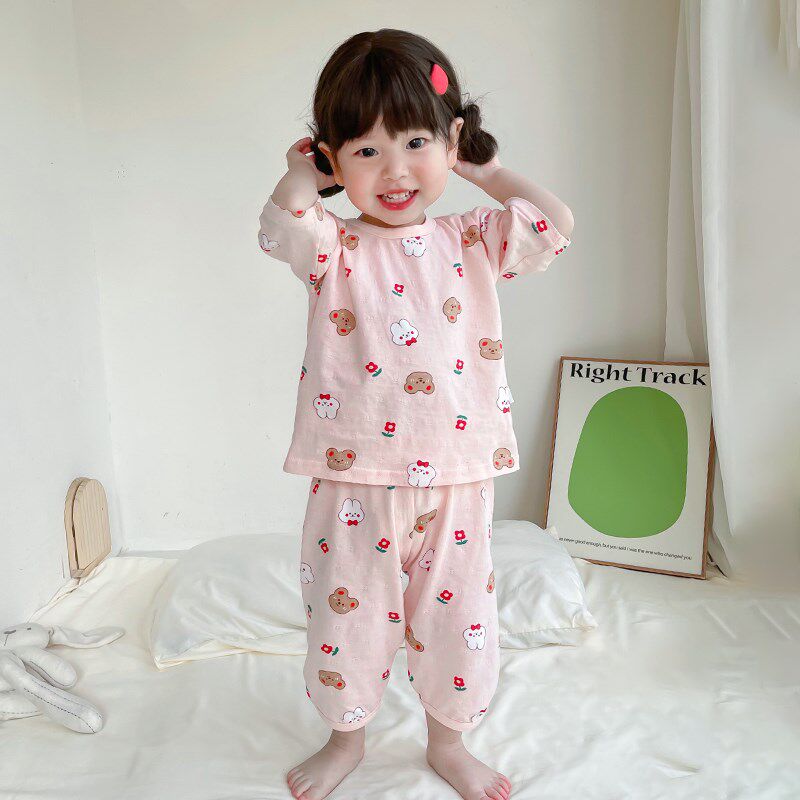 儿童纯棉睡衣夏季薄款女童空调服七分袖宝宝家居服婴儿春夏天男童