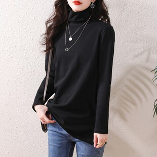 秋冬打底衫 内搭高领t恤加绒大码 中长款 宽松遮肚子纯棉色上衣 女装