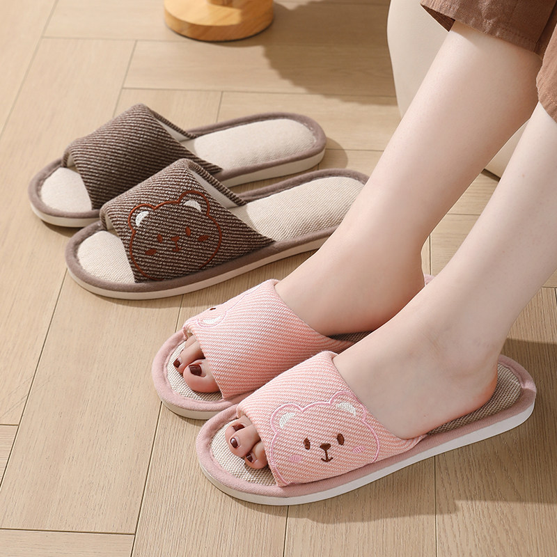 亚麻拖鞋男女四季家用室内厚底防滑卡通居家凉拖鞋春秋棉开口拖鞋