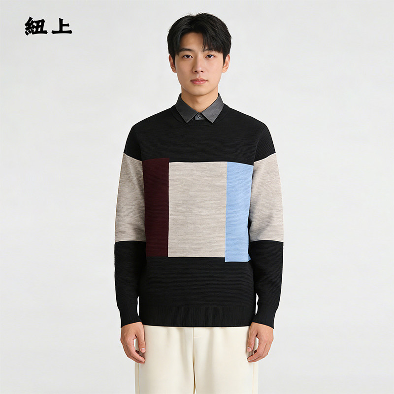 纽上2026春绵羊毛长袖休闲风圆领针织衫男新款套头毛衣商务高级感