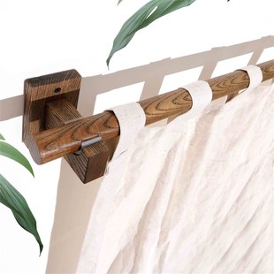 木质窗帘杆胡桃色白蜡木实木民宿木杆吊环简约打孔罗马杆窗帘支架