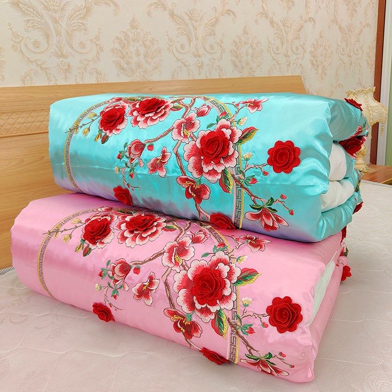 高档立体刺绣真丝绸缎面纯手工结婚陪嫁新疆棉花被子学生春秋冬被,床上用品,棉花被,淘宝优惠券,粉丝福利购,淘宝优惠卷