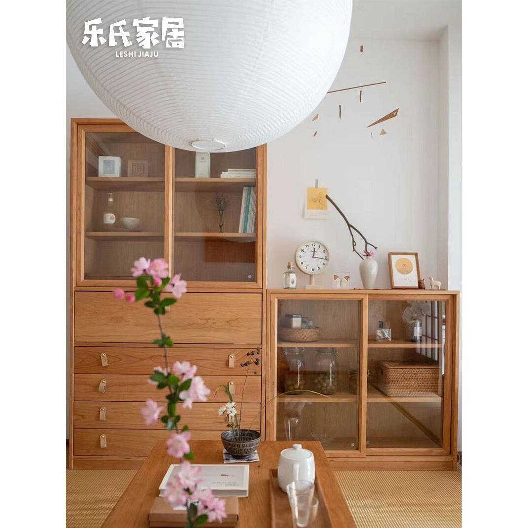 乐家斯堪地那维亚日式玻璃餐具柜储物柜书柜实木樱桃木展示柜茶柜