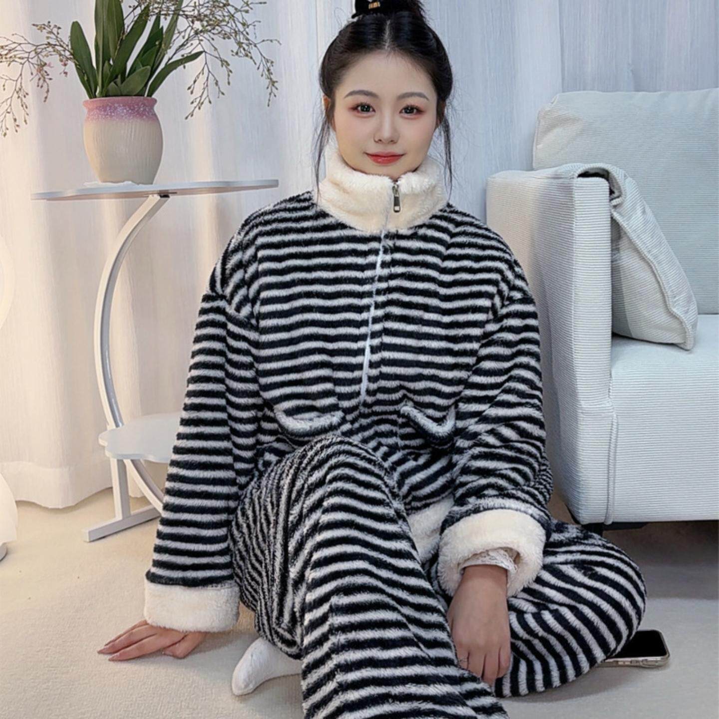 珊瑚绒睡衣女款加厚冬加绒情侣套装秋冬家居服女士可外穿保暖睡袍