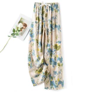 棉绸睡裤女夏季薄款人造棉阔腿裤春秋外穿宽松家居休闲九分长裤子