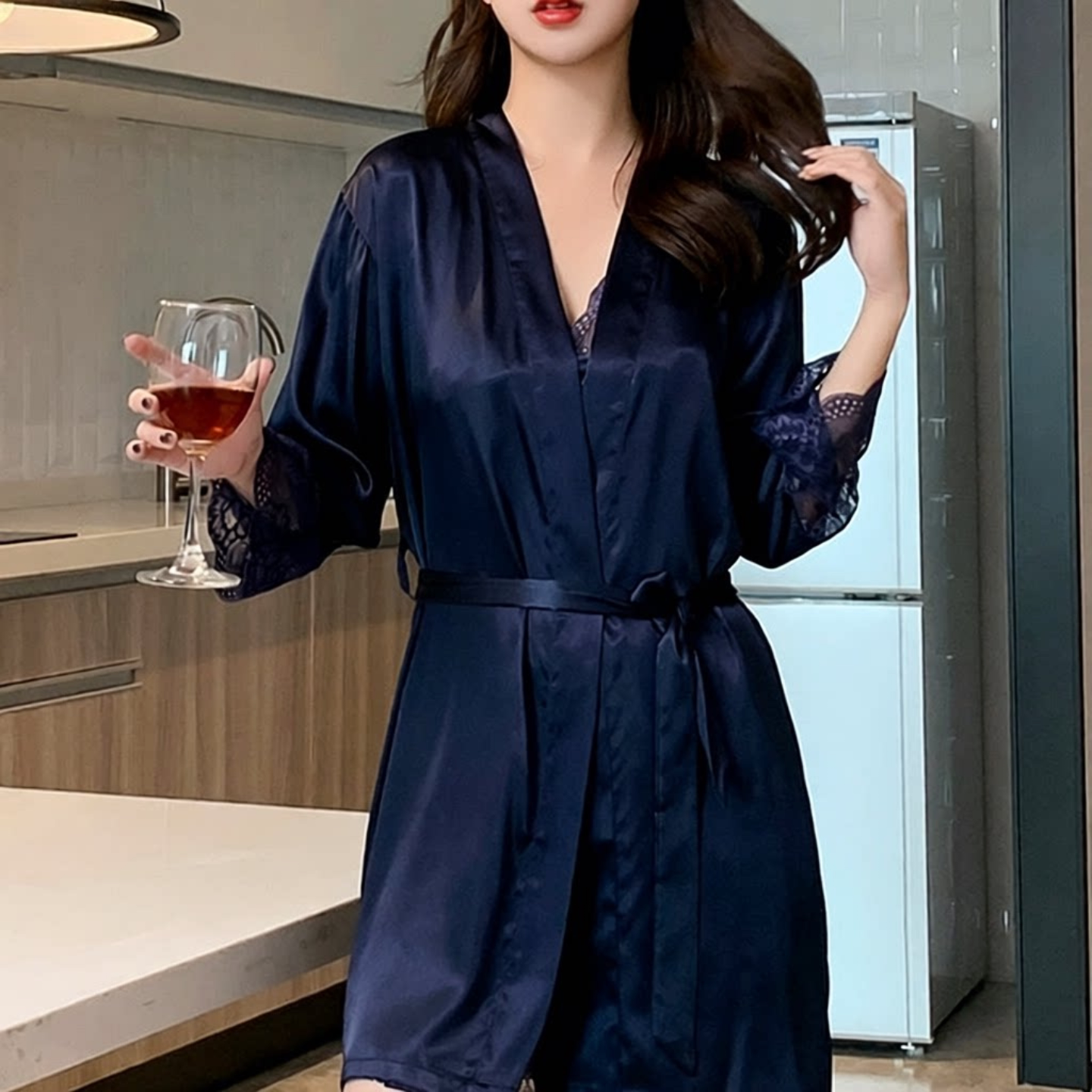 睡衣女春夏季薄款两件套睡袍性感蕾丝睡裙丝绸家居服套装可外穿