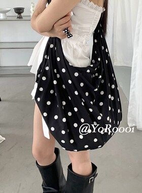 YoRoooi 复古韩系百搭帆布黑色波点大容量单肩斜挎包手拎购物袋女