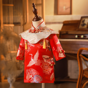 女童唐装中国风秋冬2023新款女宝宝一周岁生日抓周礼服红色旗袍春