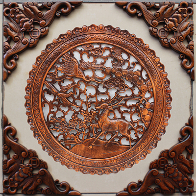 东阳实木雕花新中式装饰花格镂空角花香樟木挂件底座三角支架蝙蝠